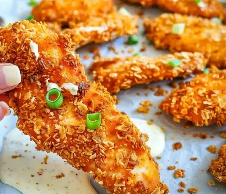 Cornflake-Crusted Hot Honey Chicken Tenders 9 Cornflake-crusted hot honey chicken tenders served with dipping sauce