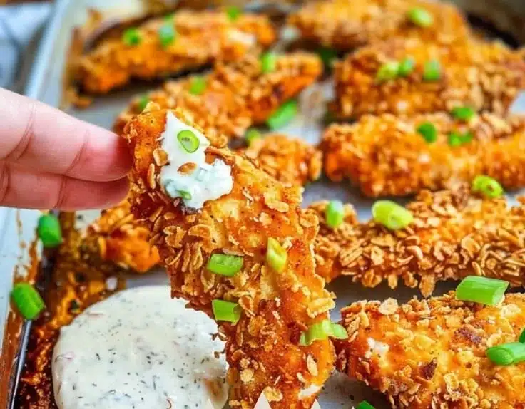 Delicious cornflake-crusted hot honey chicken tenders served with dipping sauce.