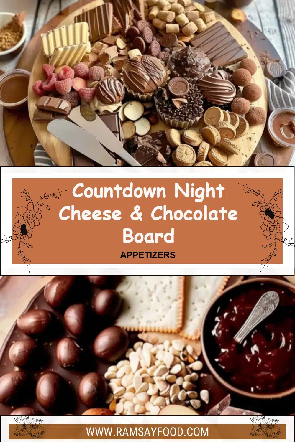 Cheese and chocolate board arranged for a countdown night celebration.