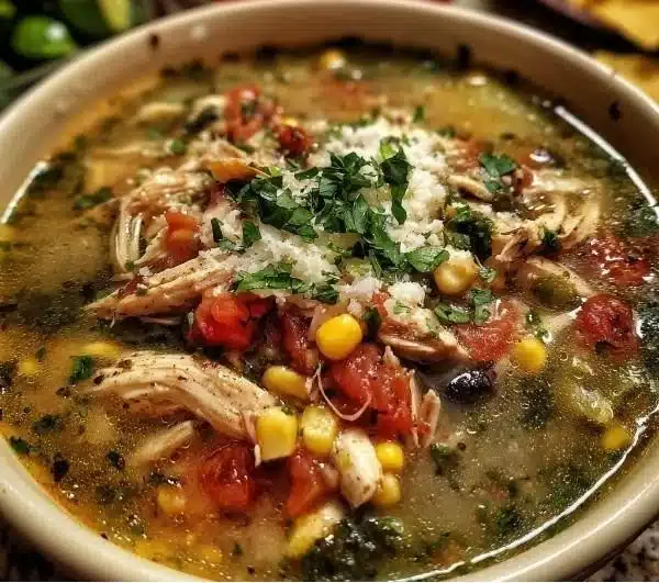 Cozy Chicken Poblano Soup 8 Cozy Chicken Poblano Soup topped with fresh herbs and served in a bowl
