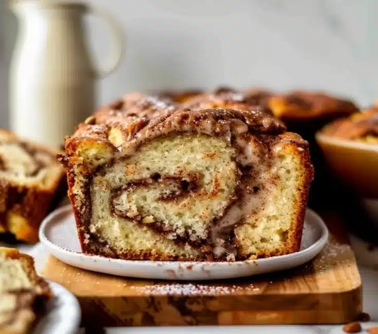 Deliciously baked cinnamon swirl yogurt bread on a rustic table