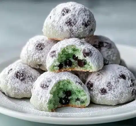 Cozy Mint Chocolate Chip Snowball Cookies 4 Cozy mint chocolate chip snowball cookies ready to enjoy during winter treats.