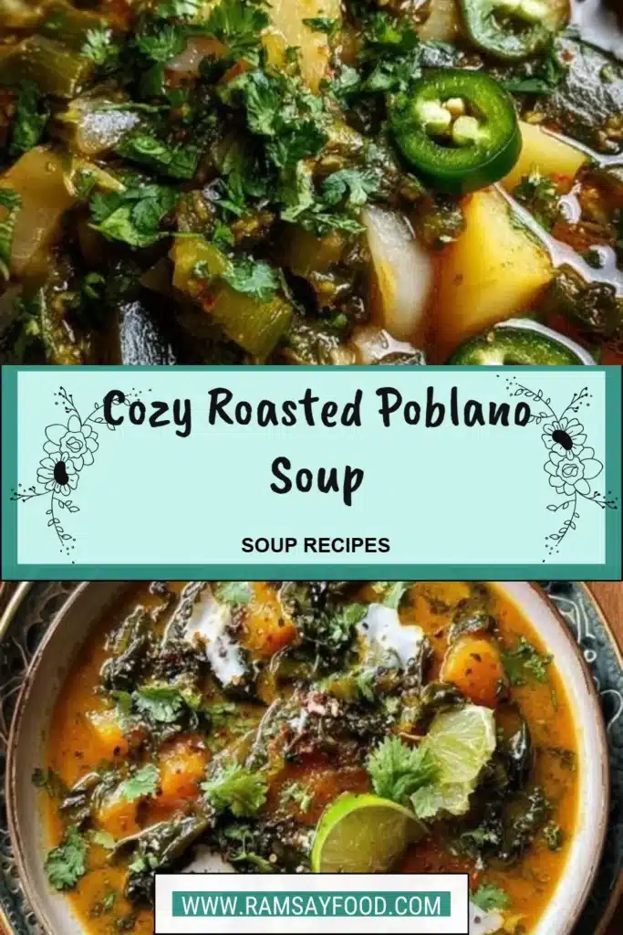 Bowl of cozy roasted poblano soup topped with herbs and served with bread.