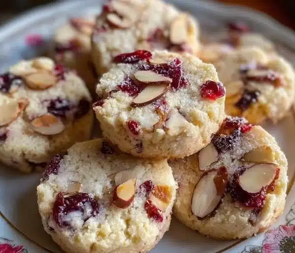 Cranberry Almond Shortbread Cookies 4 Cranberry Almond Shortbread Cookies on a rustic wooden table