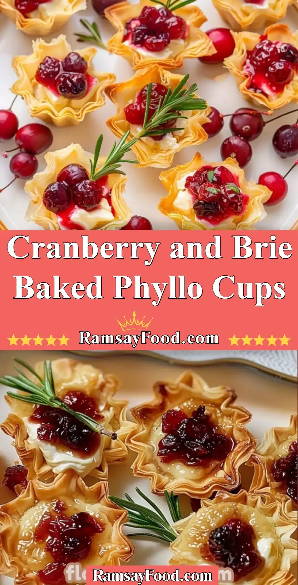 Cranberry and Brie Baked Phyllo Cups served on a platter