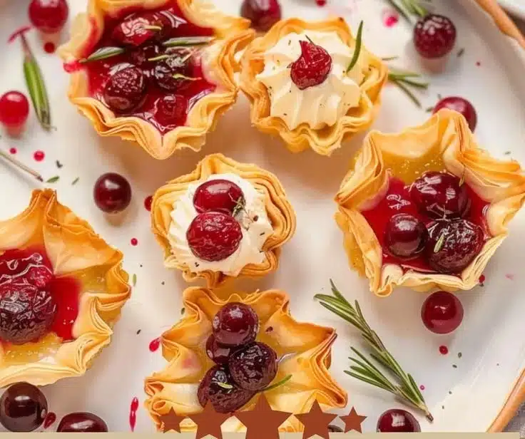 Cranberry and Brie Baked Phyllo Cups 9 Cranberry and brie baked phyllo cups served on a platter
