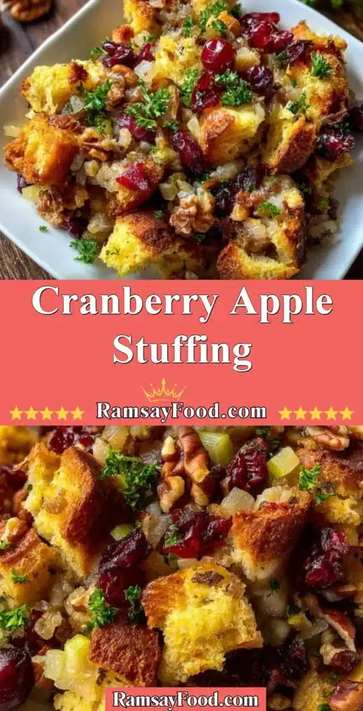 Bowl of Cranberry Apple Stuffing served with roasted turkey on a festive table