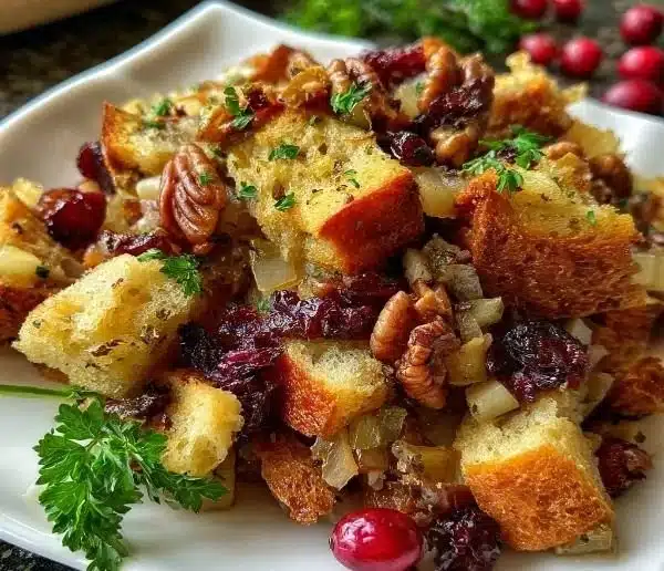 Cranberry Apple Stuffing 8 Delicious bowl of Cranberry Apple Stuffing with fresh ingredients