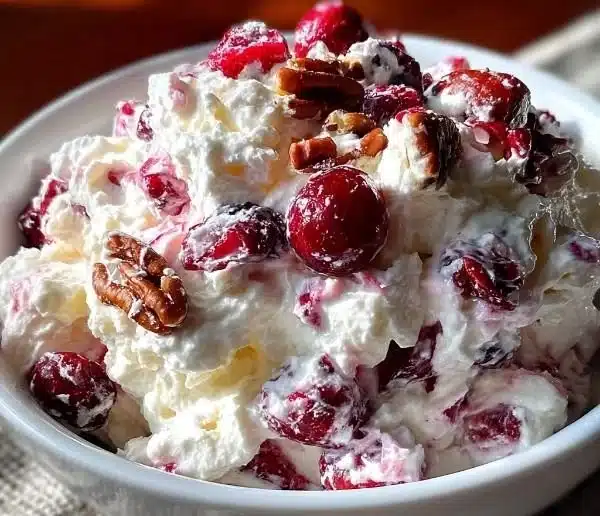 Cranberry Fluff Salad served in a bowl with whipped cream and cranberries.