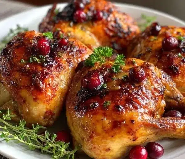 Cranberry Maple Roast Chicken 7 Cranberry maple roast chicken on a rustic platter garnished with herbs.