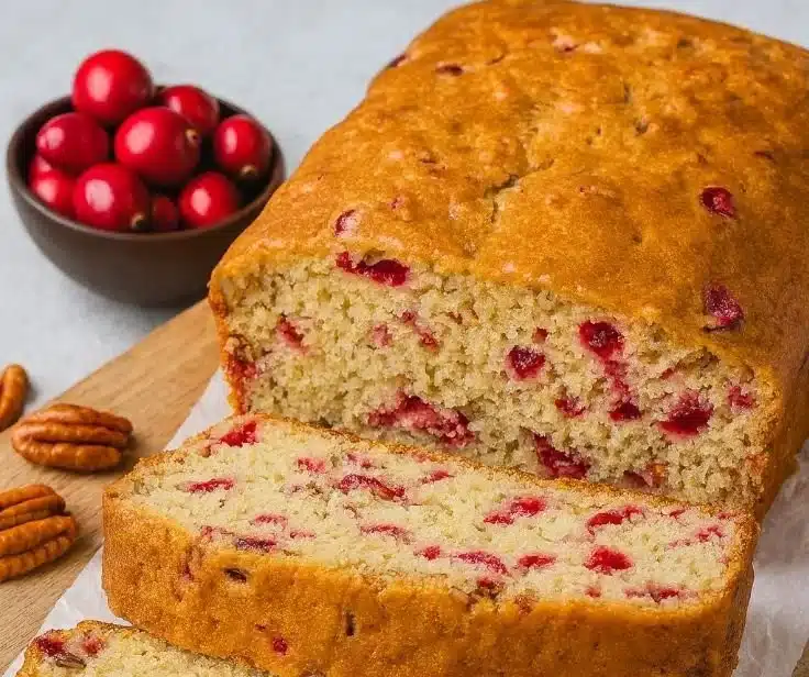 Sliced Cranberry Nut Bread on a wooden cutting board with nuts and cranberries