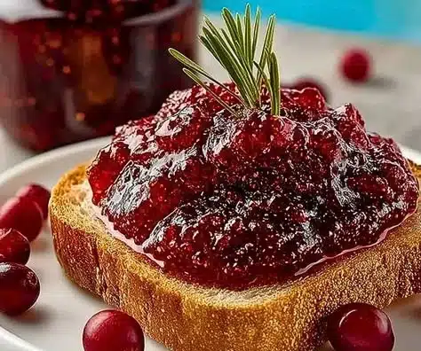 Homemade Cranberry Orange Jam in a jar with fresh cranberries and oranges