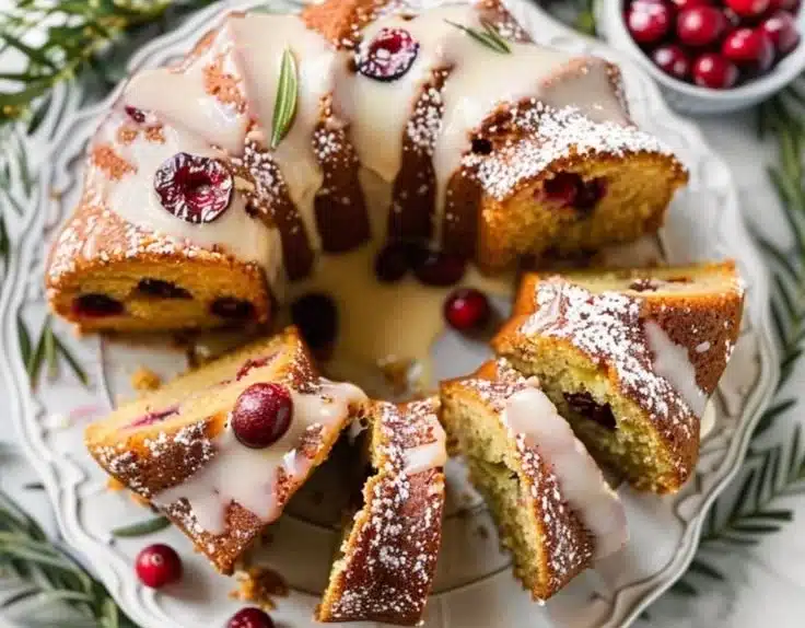 Cranberry Orange Olive Oil Snack Cake topped with a sprinkle of powdered sugar.