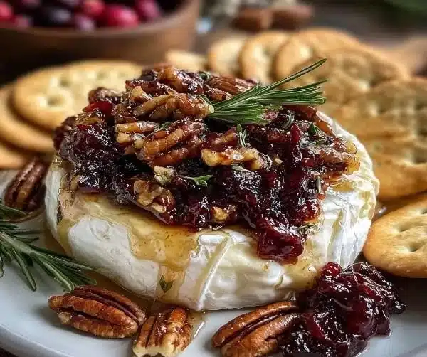 Cranberry Pecan Baked Brie served on a wooden platter
