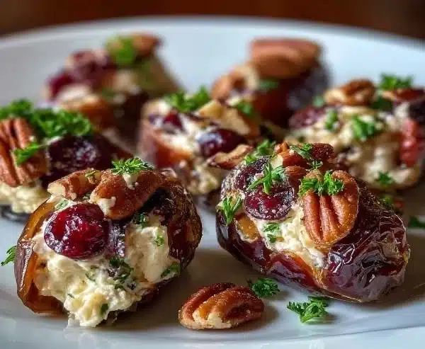 Cranberry pecan cream cheese stuffed dates on a serving platter