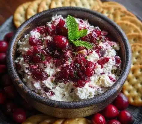 Cranberry Whipped Feta Dip served in a bowl with crackers