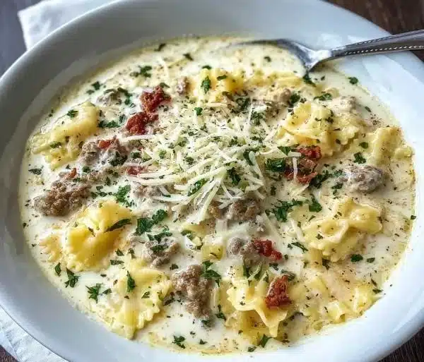 Creamy Alfredo Lasagna Soup served in a bowl with cheese and herbs
