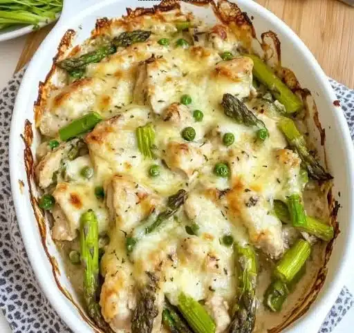 Creamy asparagus chicken casserole baked and ready to serve