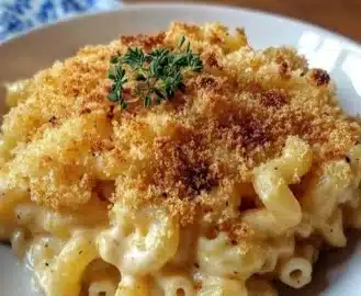 Creamy baked mac and cheese in a casserole dish, topped with crispy breadcrumbs.