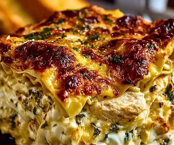 Creamy chicken lasagna served in a baking dish, topped with cheese and herbs.