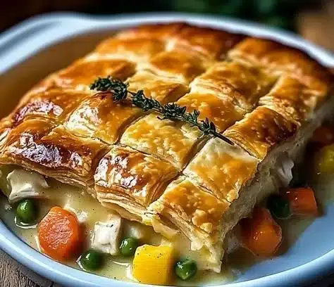Creamy Chicken Pot Pie Casserole 7 Delicious creamy chicken pot pie casserole served in a baking dish