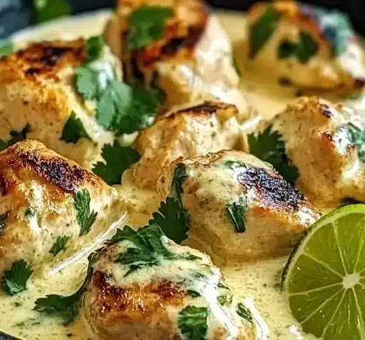 Creamy Coconut Lime Chicken that Will Brighten Your Dinner 4 Creamy coconut lime chicken dish served with lime and coconut garnish