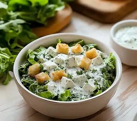 Creamy cottage cheese Caesar dressing in a bowl with fresh ingredients