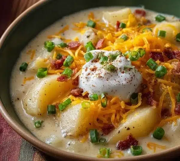 Creamy Crock Pot Crack Potato Soup 6 Creamy crock pot crack potato soup with toppings in a bowl