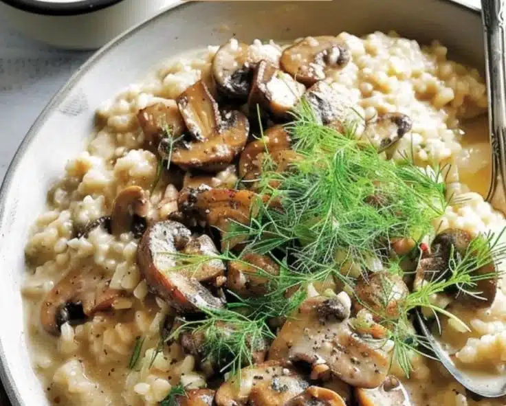 Creamy fennel pollen mushroom risotto topped with fresh herbs