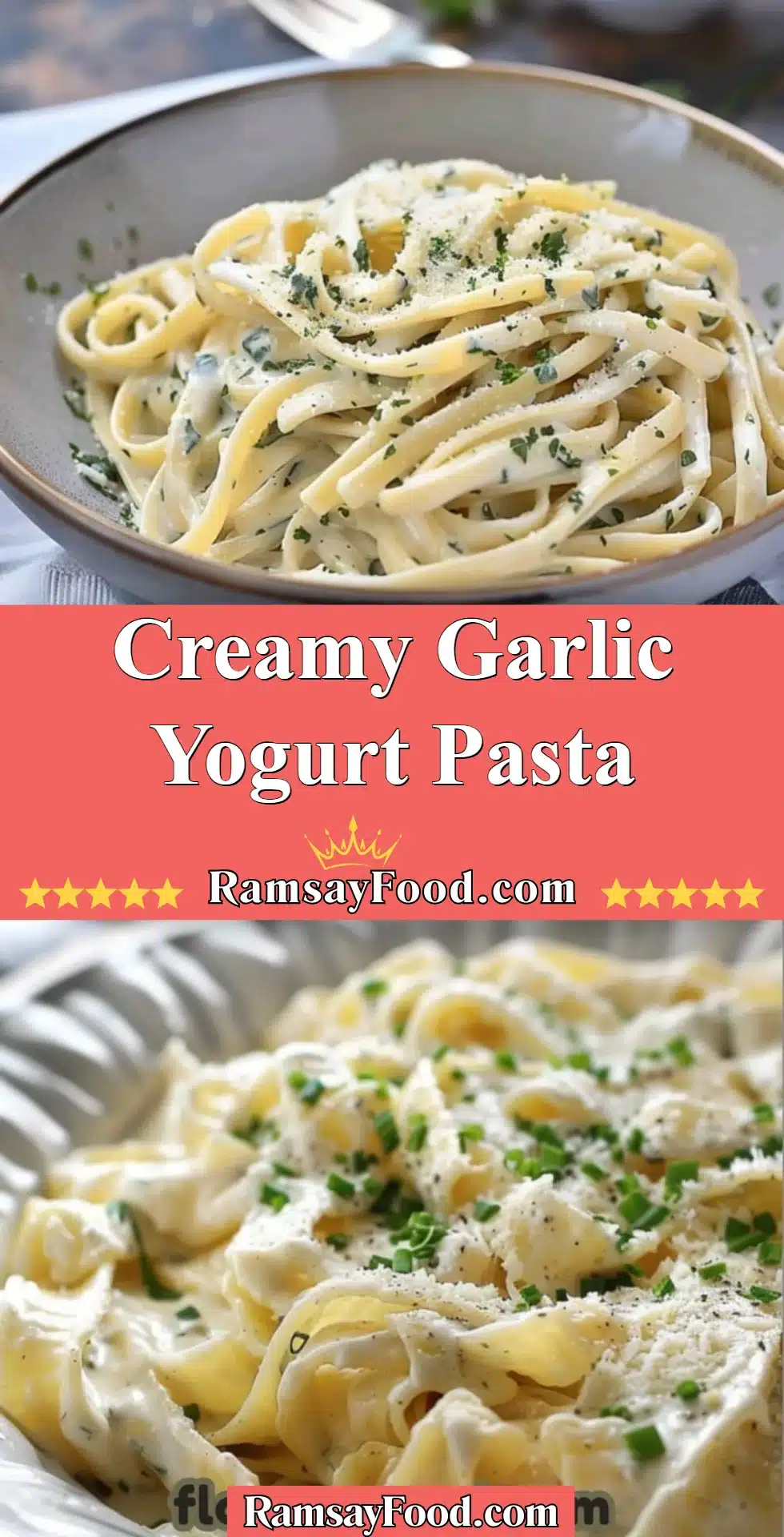 Creamy Garlic Yogurt Pasta 2 Creamy garlic yogurt pasta served in a bowl with fresh herbs