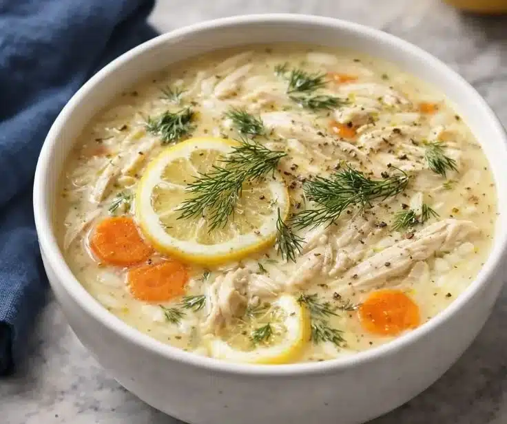 Bowl of creamy Greek Lemon Chicken Soup garnished with lemon and herbs.
