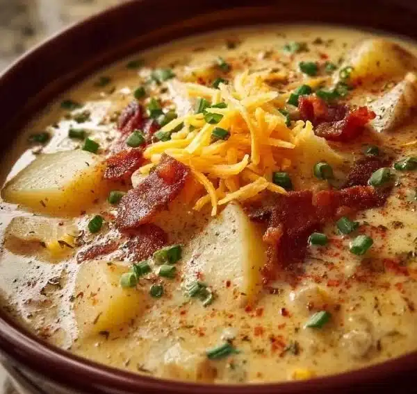 Bowl of creamy hearty slow cooker Cajun potato soup topped with herbs.