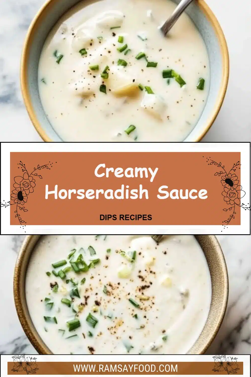 Creamy horseradish sauce in a bowl with fresh herbs
