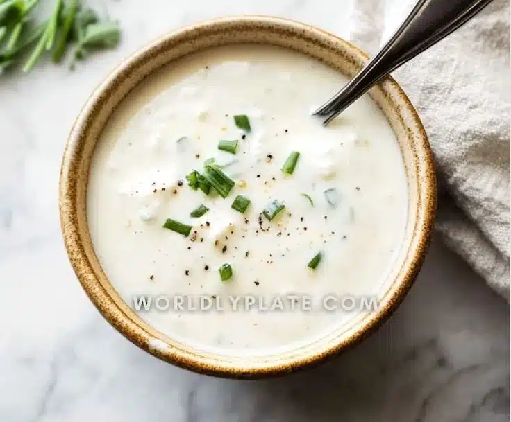 Creamy horseradish sauce served in a bowl with herbs and spices
