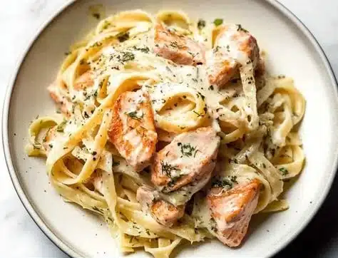 Creamy lemon dill pasta topped with salmon, garnished with herbs.