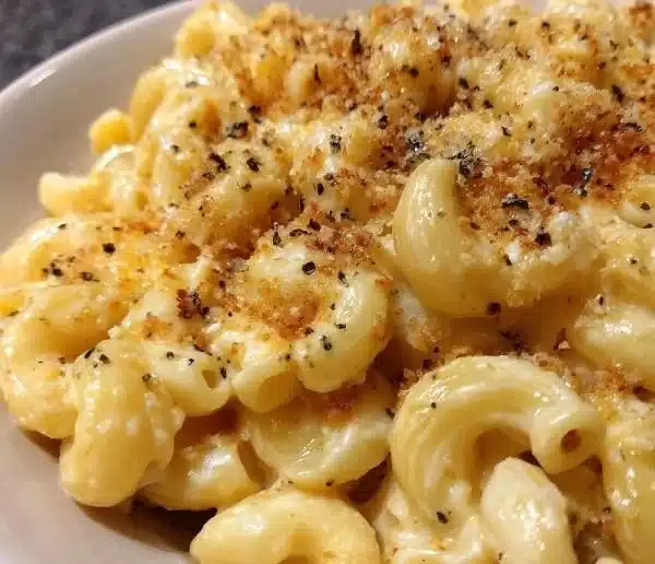 Creamy Mac and Cheese 5 Creamy mac and cheese dish topped with melted cheese and herbs