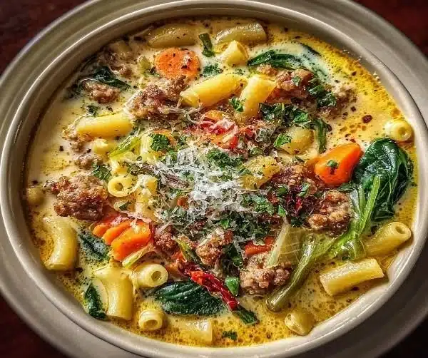 Creamy Parmesan Italian Sausage Ditalini Soup 8 Creamy Parmesan sausage soup with ditalini in a warm bowl
