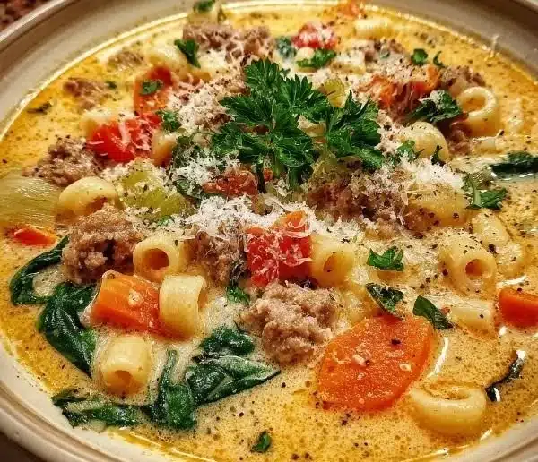 Creamy Parmesan sausage soup with ditalini pasta in a bowl