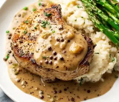 Creamy peppercorn sauce drizzled over savory pork chops