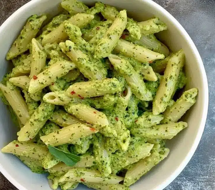 Creamy Pesto Chicken Penne served in a bowl with fresh basil and grated cheese