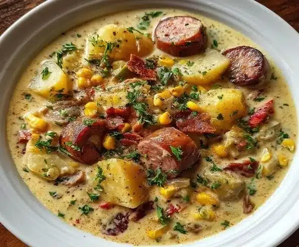 Bowl of creamy potato and sausage chowder garnished with herbs