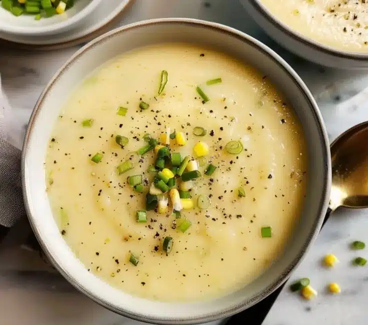 A bowl of creamy potato leek soup garnished with herbs on a wooden table.