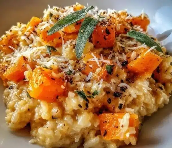 Creamy roasted butternut squash risotto garnished with herbs in a bowl
