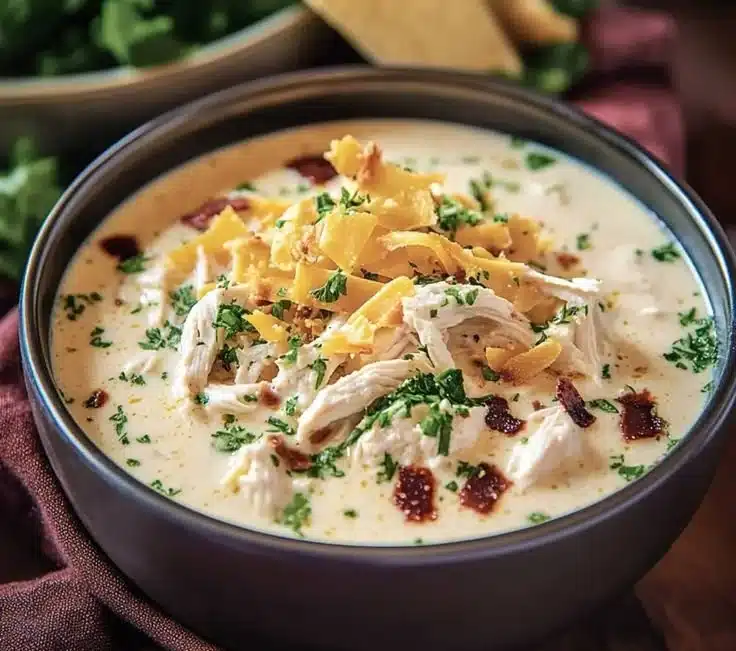 Creamy keto chicken soup made in a slow cooker with cream cheese