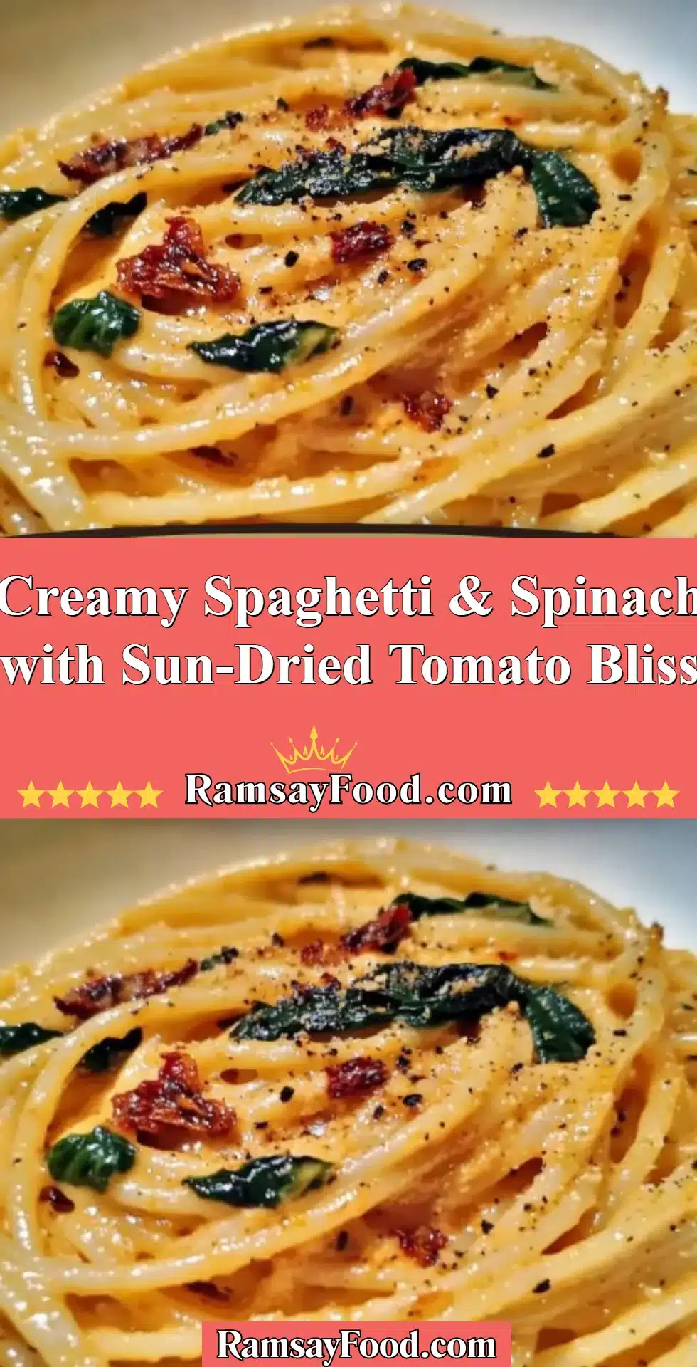 Creamy spaghetti with spinach and sun-dried tomatoes in a bowl