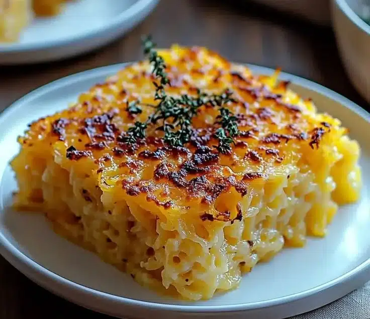 Creamy Spaghetti Squash Au Gratin That Will Steal the Show 2 Creamy spaghetti squash au gratin served in a baking dish, garnished with herbs.