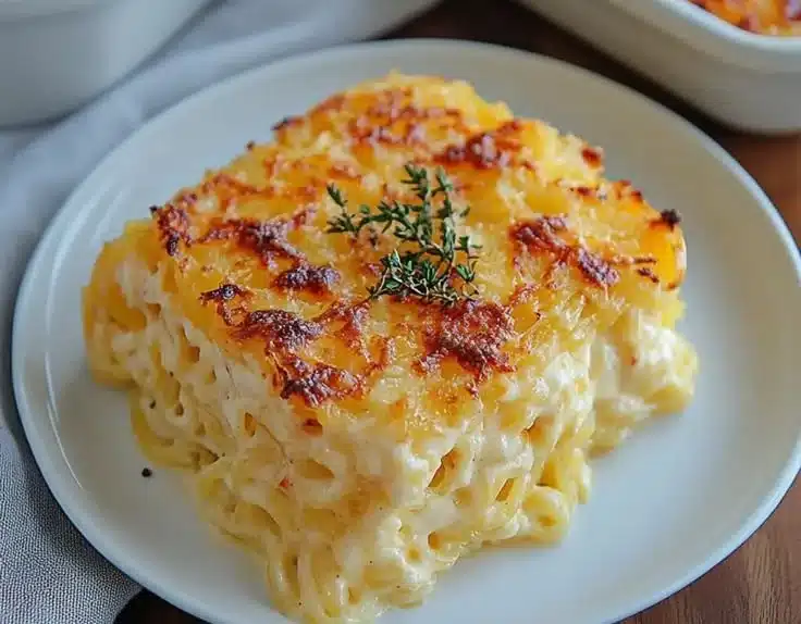 Creamy spaghetti squash au gratin baked to perfection, a warm and hearty dish.