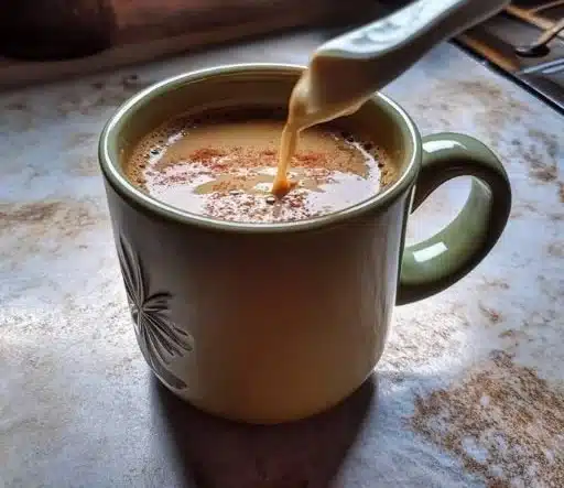 A cup of creamy spiced hot cocoa topped with whipped cream and spices