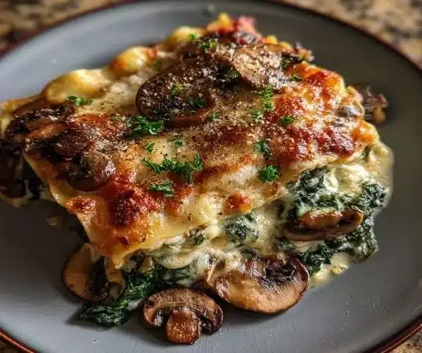 Creamy spinach mushroom lasagna dish served in a white ceramic plate