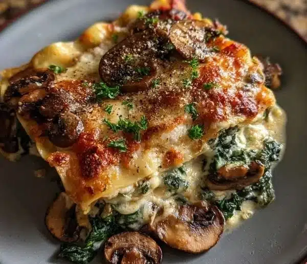 Creamy spinach mushroom lasagna dish garnished with fresh herbs